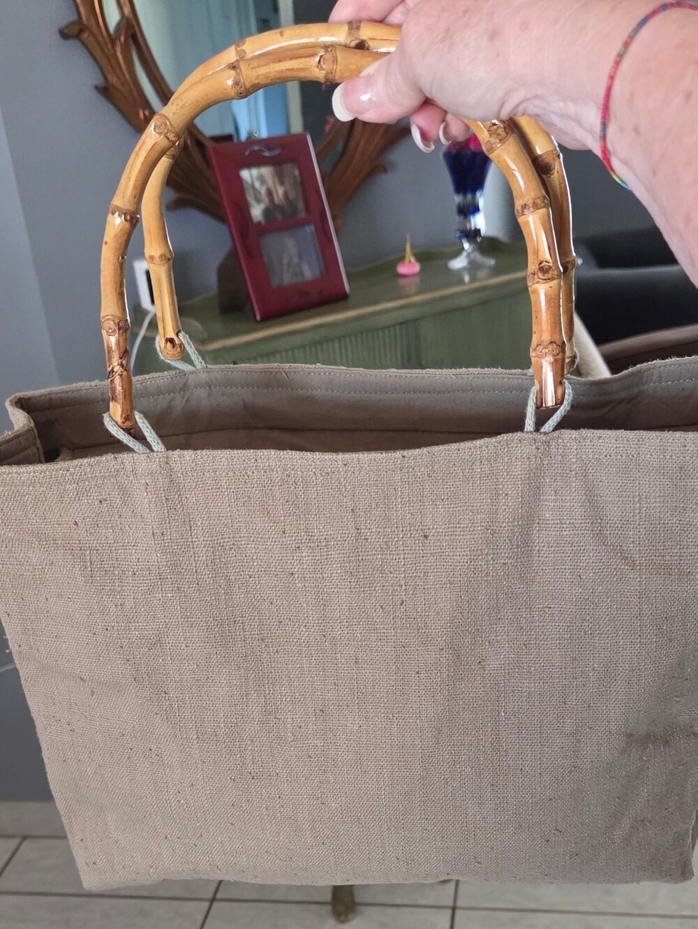 Pandamerica Natural Jute  Canvas Tote with Bamboo Handles